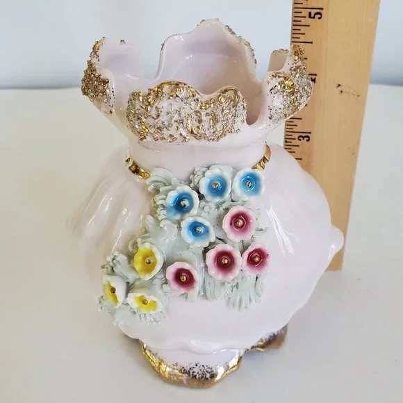 Vintage Lefton L'amour Applied Flowers Pink Vase Porcelain Gold Stippled Edges - Picture 5 of 8